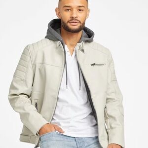 Brand Guess/ Davino Faux-Leather Hooded Moto Jacket/color off-white